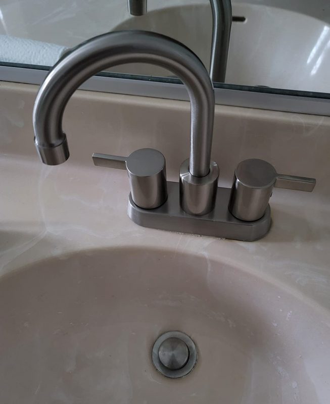 3. Phiestina Brushed Nickel 4 Inch 2 Handle Centerset Lead Free Bathroom Sink Faucet