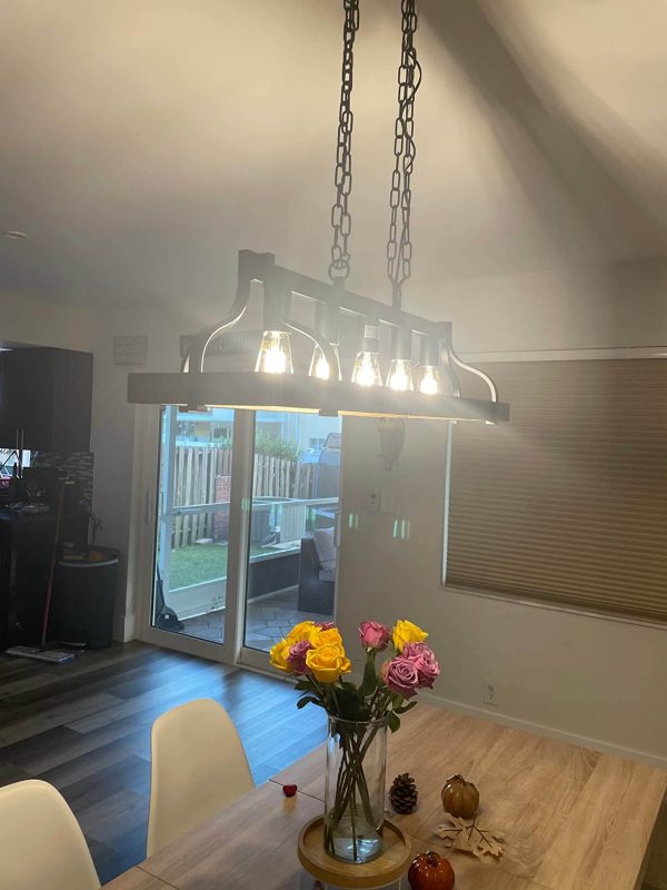4. Hanging Black Linear and Retro Wood Finish 5-Light Industrial Metal
