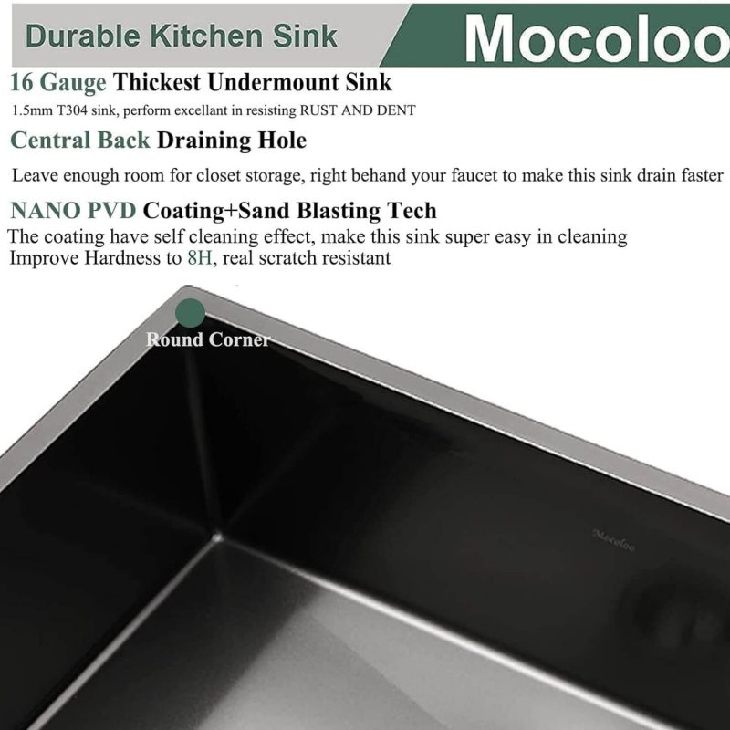 30 Inch Undermount Black Kitchen Sink - Mocoloo 30"x18" Gunmetal Black 16 Gauge Stainless Steel Deep Single Bowl 10 inch