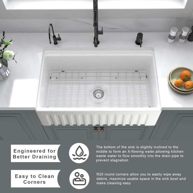 Ruvati 30 x 20 inch Fireclay Reversible Farmhouse Apron-Front Kitchen Sink Single Bowl - White - RVL2100WH