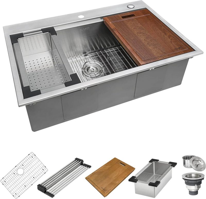 Ruvati 33 x 22 inch Workstation Drop-in Topmount Kitchen Sink 16 Gauge Stainless Steel Single Bowl - RVH8003