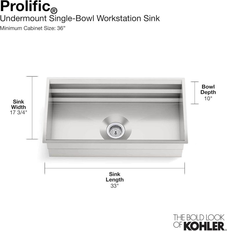 4. KOHLER 5540-NA Productive 33 Inch Workstation Stainless Steel Single Bowl Kitchen Sink