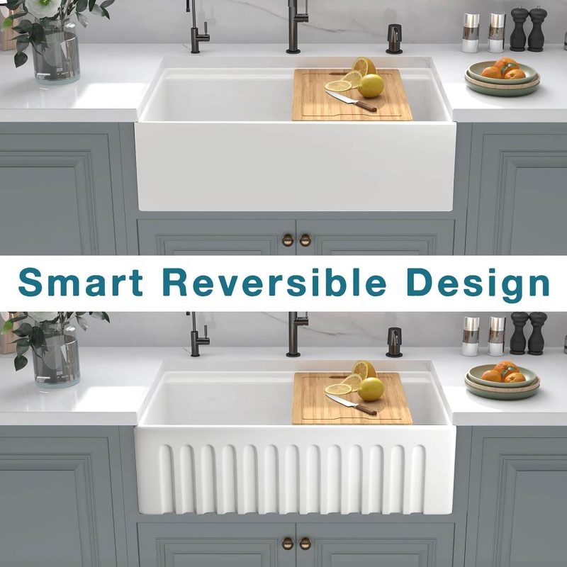 Ruvati 30 x 20 inch Fireclay Reversible Farmhouse Apron-Front Kitchen Sink Single Bowl - White - RVL2100WH