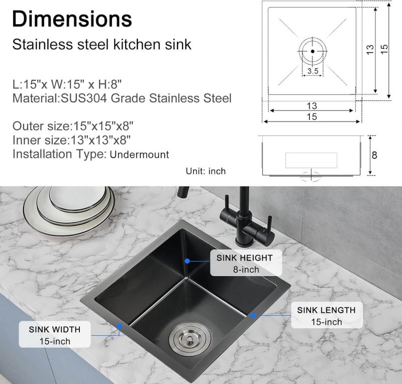MENATT 15 x 15 Inch Undermount Kitchen Sink, 304 Stainless Steel Single Bowl Bar Small Kitchen or Prep Sink, Black
