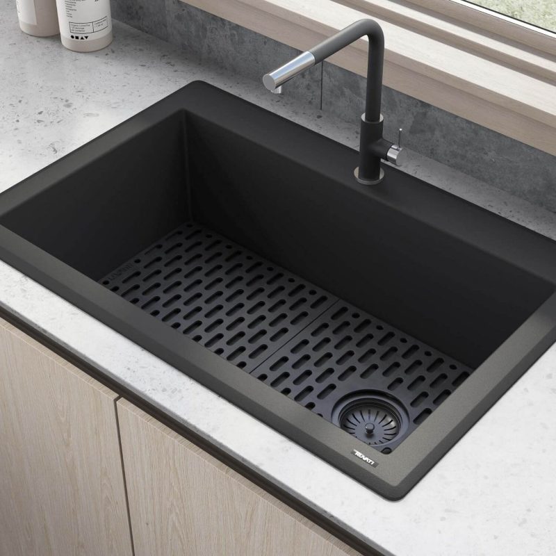 Ruvati 33 x 22 inci Drop-in Topmount Granite Composite Single Bowl Kitchen Sink Slope Bottom - Midnight Black - RVG1033BK