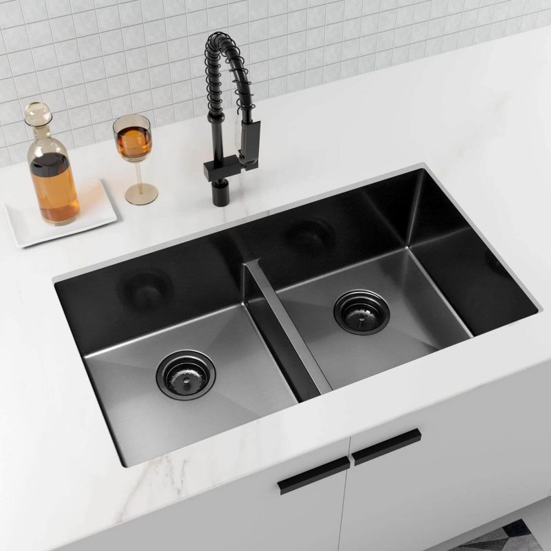 Zee Sink Kitchen Sink Black 32" X 18", Double Bowl Kitchen Sink