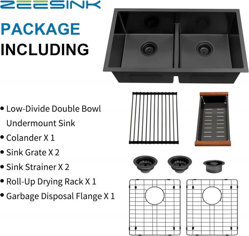 Zee Sink Kitchen Sink Black 32" X 18", Double Bowl Kitchen Sink