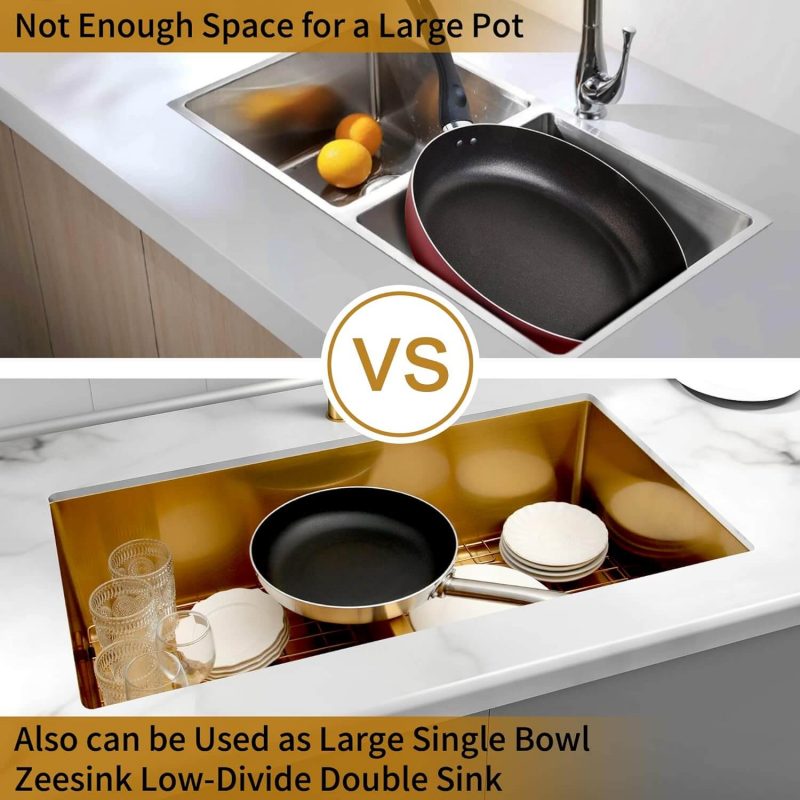 Zeesink 32" X 18" Double Bowl Kitchen Sink, 50/50 Low Split, Gold Undermount Kitchen Sink