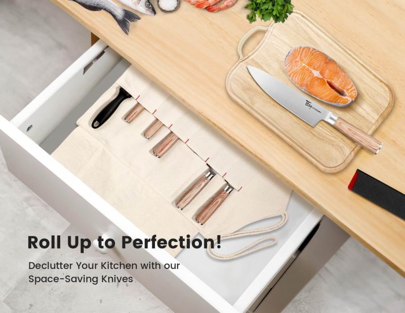 1. SYOKAMI Knife Set, 14 Pieces Japanese Style Kitchen Knives with Roll Up Bag