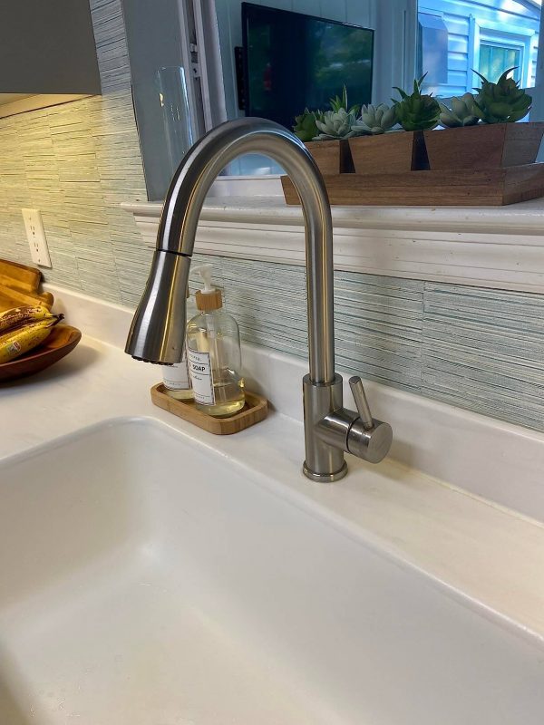 7. WEWE Polished Chrome Modern Commercial Low Lead Sprayer Pull Down Kitchen Faucet