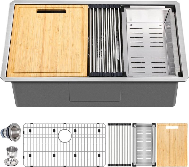 Wastafel Dapur Workstation Undermount Hykolity 33 inci, Wastafel Dapur Stainless Steel Mangkuk Tunggal 16 Gauge