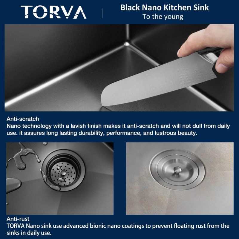 TORVA Gloss Black Ceramic Finish 25 x 18 Inch with NanoTek Undermount Kitchen Sink