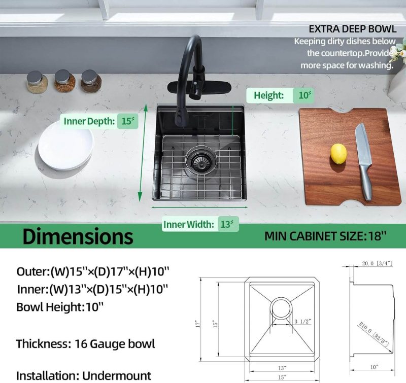 EcoChannels Undermount Kitchen Sink, 15 x 17 x 10 Inches