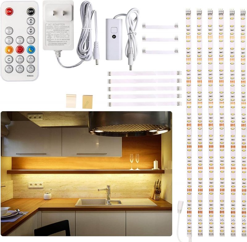 1. WOBANE Under Cabinet LED Lighting Kit, 6 PCS LED Strip Lights with Dimmer and Remote Control Adapter
