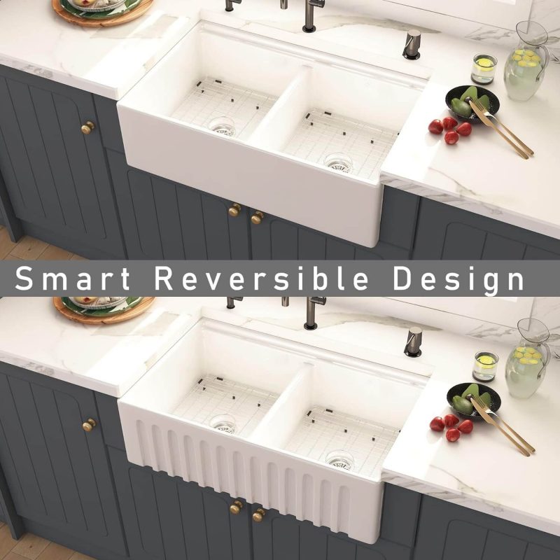 Ruvati 30 x 20 inch Fireclay Reversible Farmhouse Apron-Front Kitchen Sink Single Bowl - White - RVL2100WH