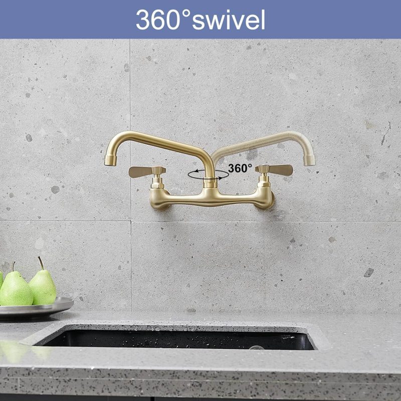 5. BWE Brushed Gold 2 Dual Handle Commercial Faucet Wall Mount Kitchen Sink Faucet 8 Inch