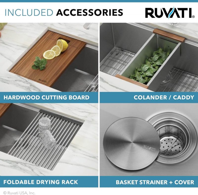 Ruvati RVH8350 33-inch Workstation Ledge 50/50 Double Bowl Undermount 16 Gauge Stainless Steel Kitchen Sink