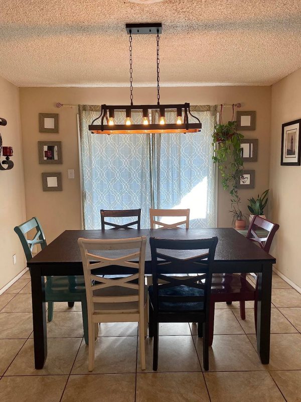 4. Hanging Black Linear and Retro Wood Finish 5-Light Industrial Metal