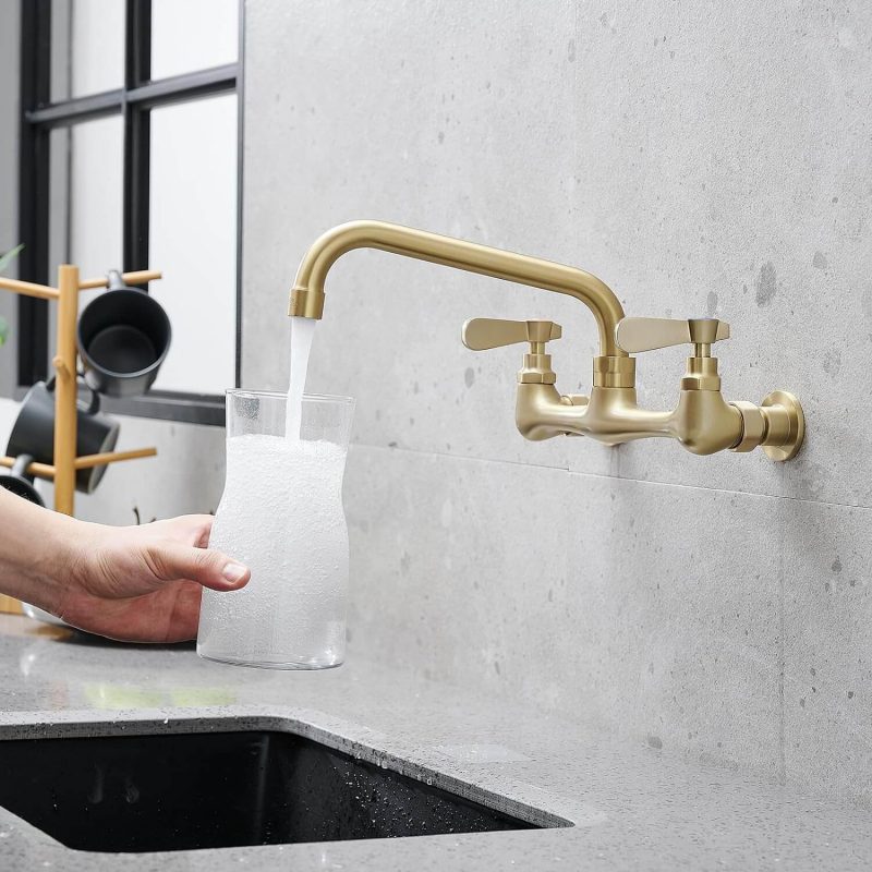 5. BWE Brushed Gold 2 Dual Handle Commercial Faucet Wall Mount Kitchen Sink Faucet 8 Inch