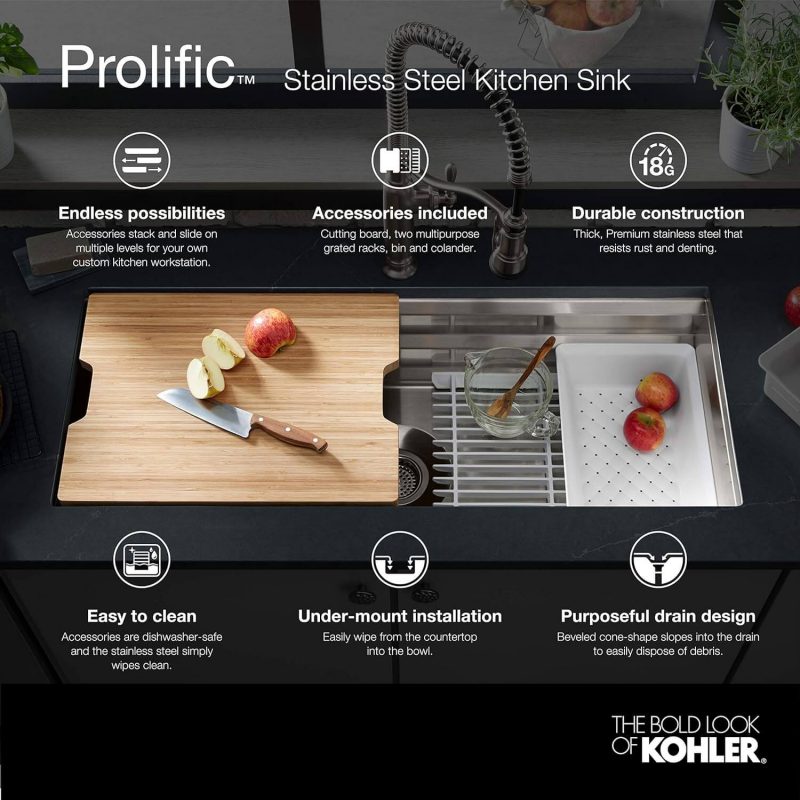 4. KOHLER 5540-NA Productive 33 Inch Workstation Stainless Steel Single Bowl Kitchen Sink