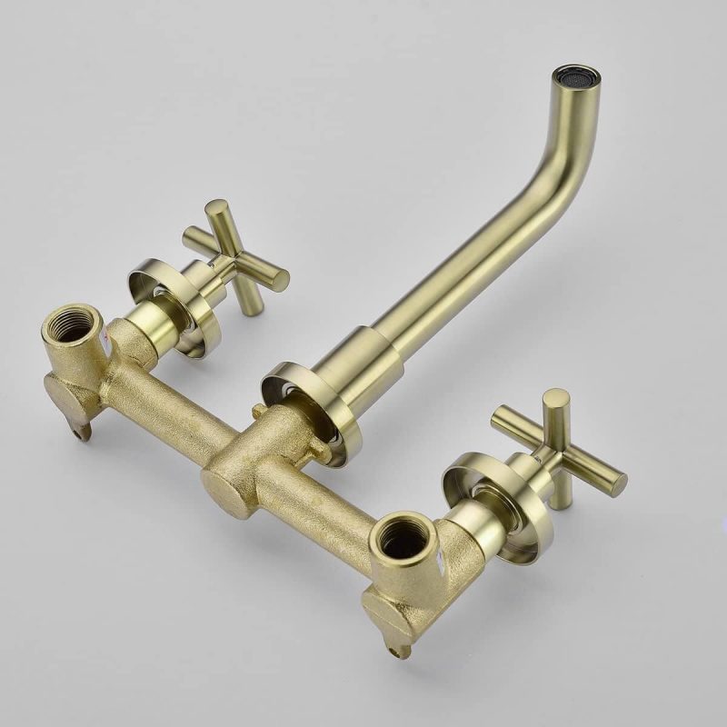 3. Gold Brushed Brass Bathroom Faucet, Wall Mount Two Cross Handles with Rugged Valve