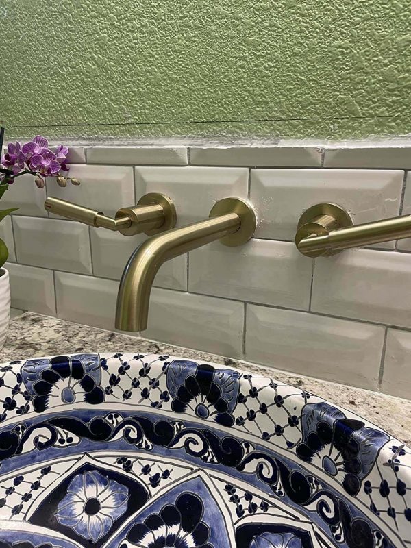5. Wall Mounted Sink Faucet, Double Handle, Solid Brass
