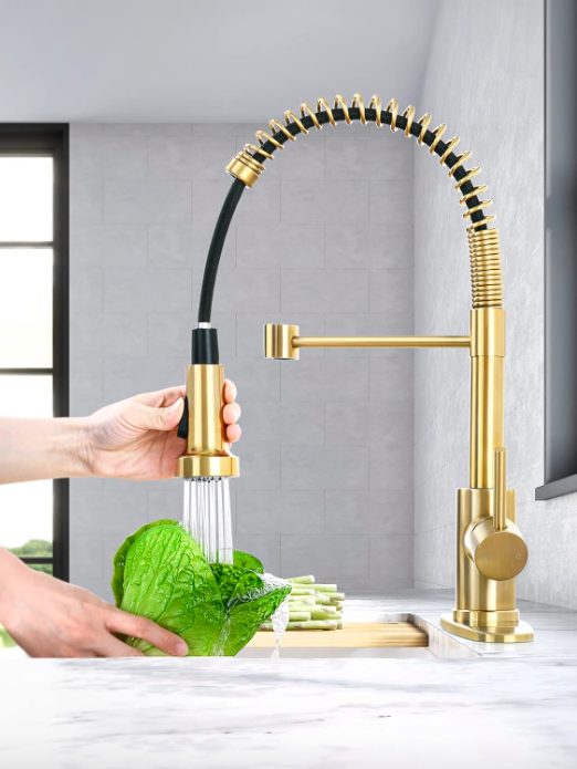 5. HGN Brushed Gold Kitchen Faucet with Pull Down Spray