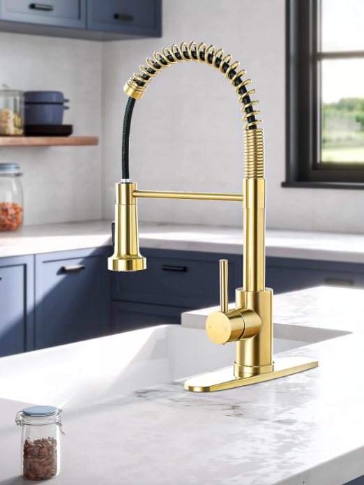 5. HGN Brushed Gold Kitchen Faucet with Pull Down Spray