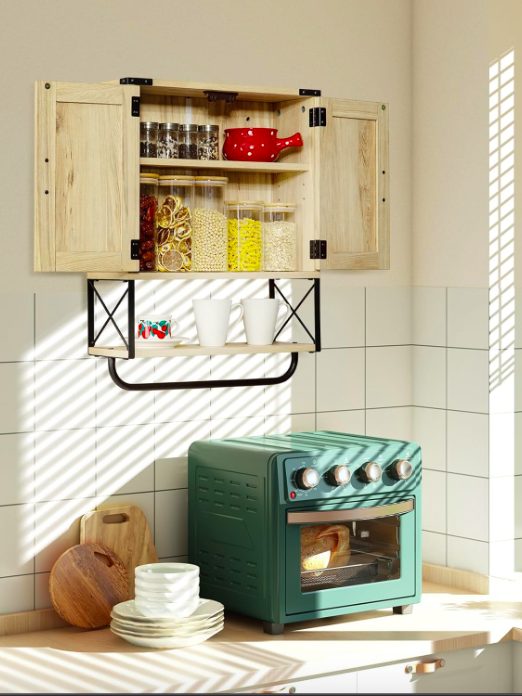 5. Boho Wood Wall Mounted Medicine Cabinet Storage with Adjustable Shelf & Towel Bar