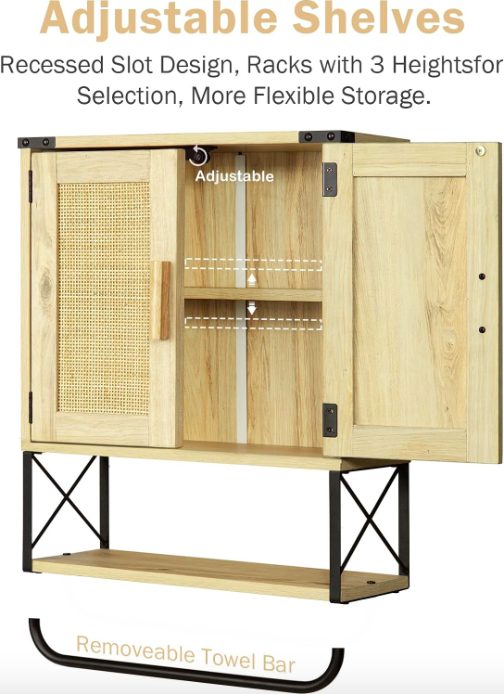 5. Boho Wood Wall Mounted Medicine Cabinet Storage with Adjustable Shelf & Towel Bar