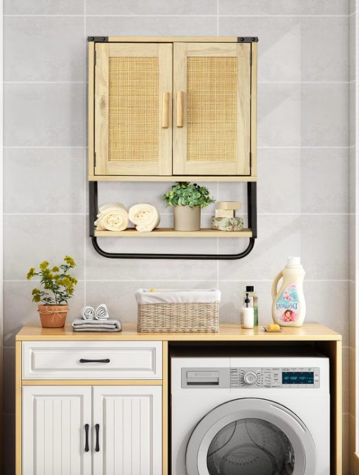 5. Boho Wood Wall Mounted Medicine Cabinet Storage with Adjustable Shelf & Towel Bar