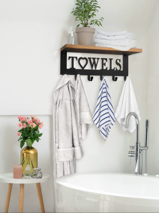 3. Rustic Towel Rack Towel Holder with Wooden Shelf for Bathroom