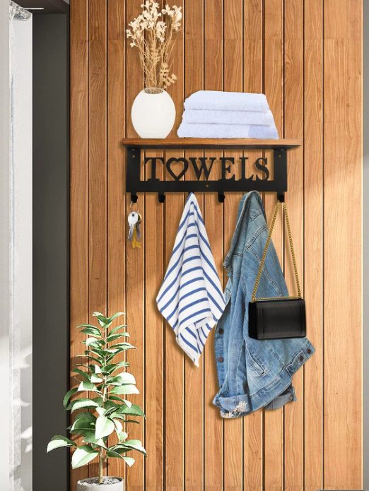 3. Rustic Towel Rack Towel Holder with Wooden Shelf for Bathroom