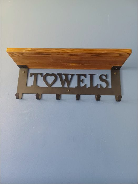3. Rustic Towel Rack Towel Holder with Wooden Shelf for Bathroom