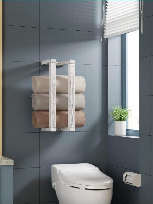 7. Decorative Pine Towel Rack for Rolled Towel Organizer & Quilt Storage (White)
