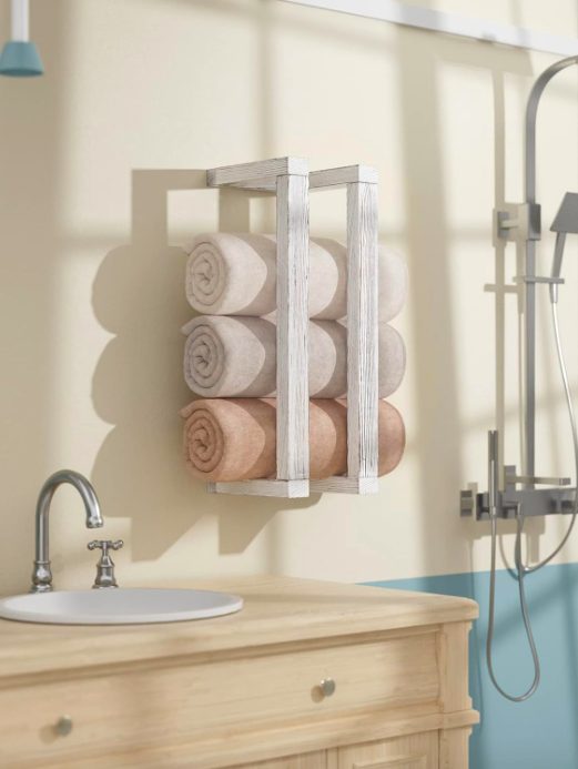 7. Decorative Pine Towel Rack for Rolled Towel Organizer & Quilt Storage (White)