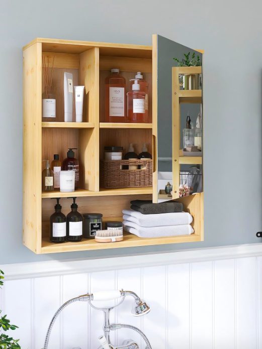 5. Bamboo Space Saver Medicine Cabinet, Wall Hanging Toilet Storage Cabinet