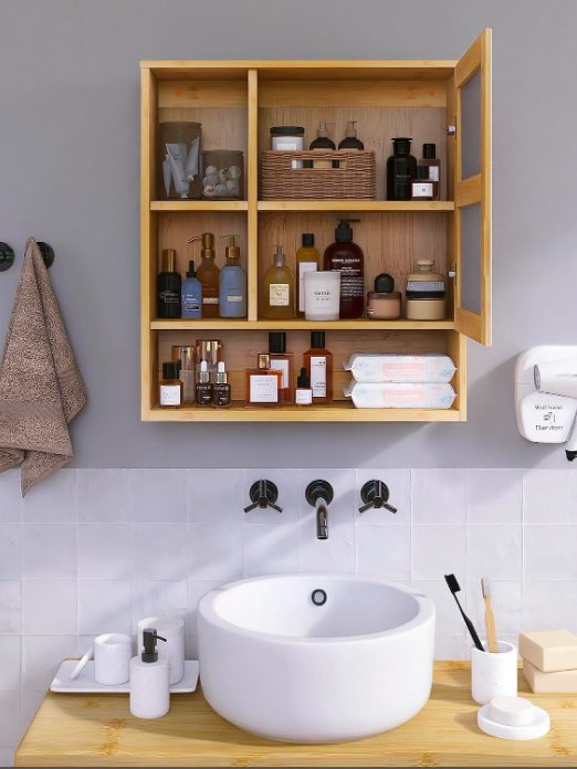 5. Bamboo Space Saver Medicine Cabinet, Wall Hanging Toilet Storage Cabinet