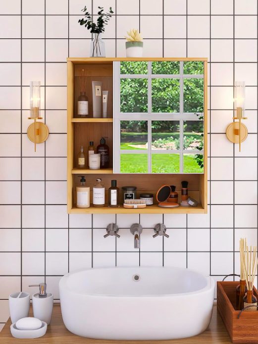 5. Bamboo Space Saver Medicine Cabinet, Wall Hanging Toilet Storage Cabinet