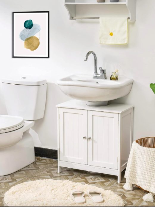 3. Shelf, Pedestal Sink Bathroom Vanity Cabinet, Space Saving Organizer, White