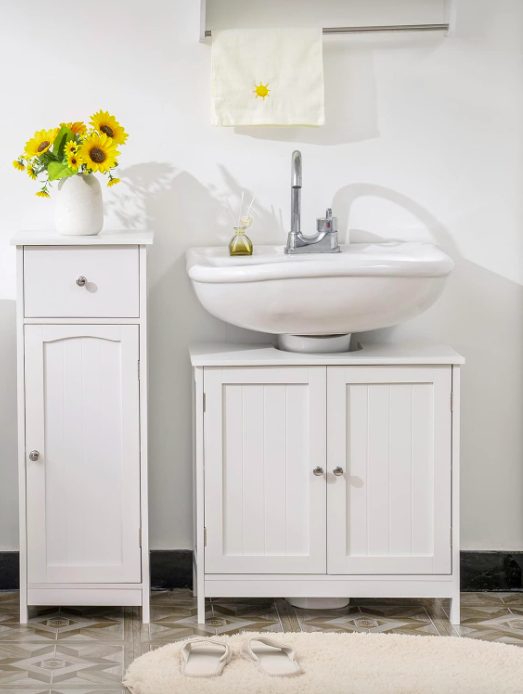 3. Shelf, Pedestal Sink Bathroom Vanity Cabinet, Space Saving Organizer, White